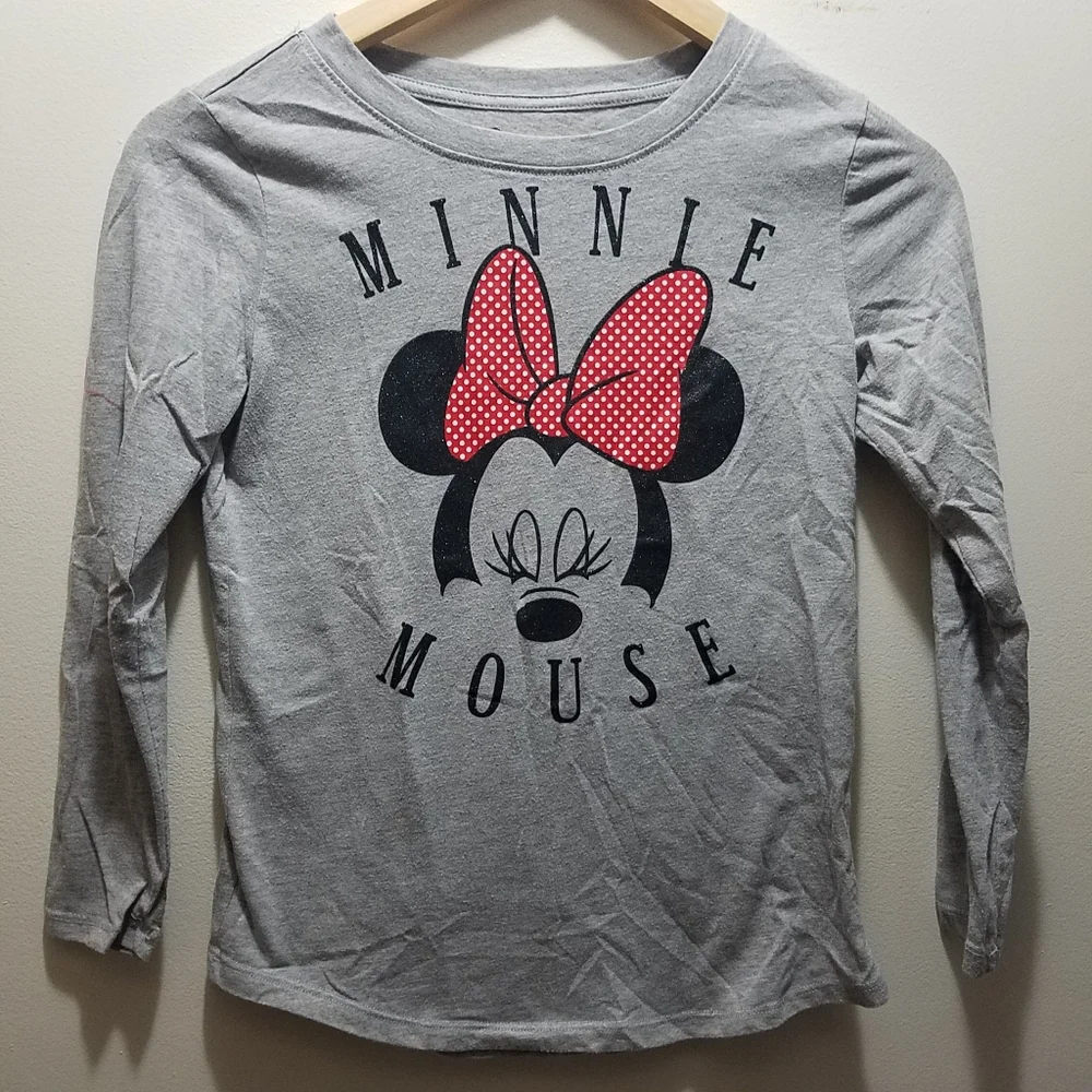 Disney Minnie Mouse Gray Long Sleeve Shirt with Bow Large L Girls 10/12